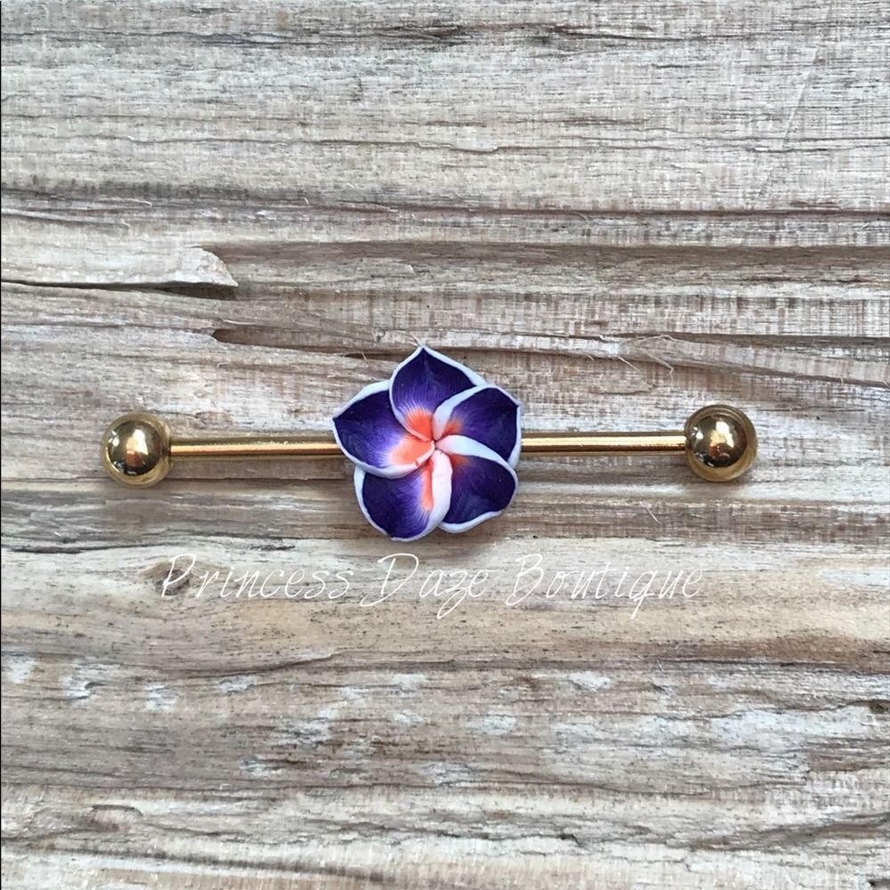 Purple Hawaiian Flower Gold Industrial Barbell Earring